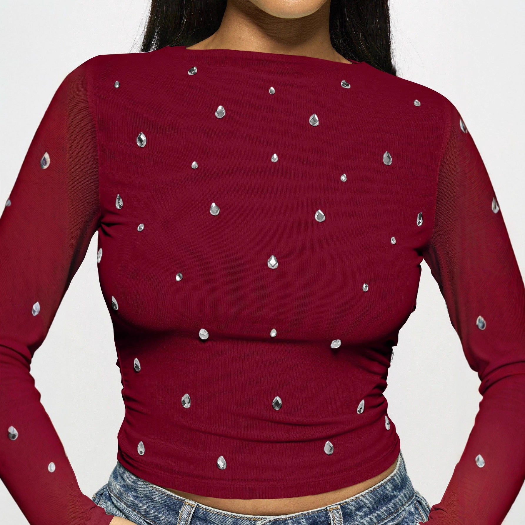 Long Sleeve Double-layer Mesh Rhinestone Fashion Women's Western Style Bottoming