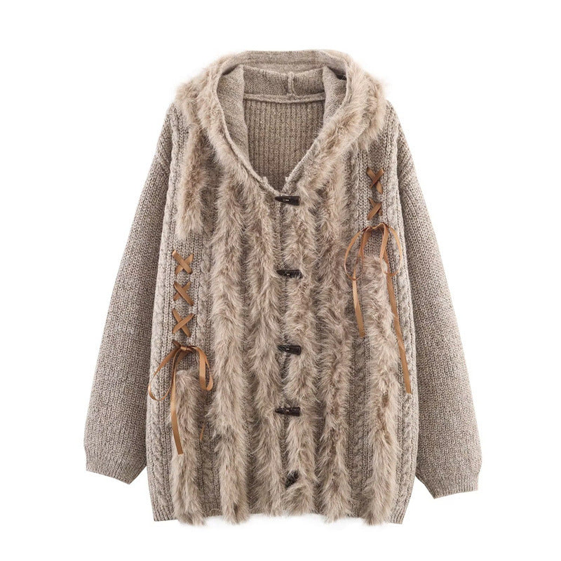 Cool Strap Decorative Hoodie Horn Button Knitted Coat