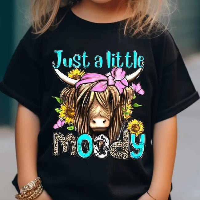 Girls' Cotton T-shirt With Cow Head Pattern Print Hover Image