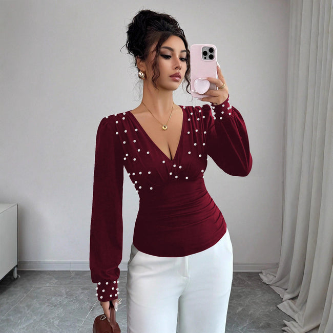 V-neck Pearl Solid Color Long Sleeved Fitted T-shirt Women Main Image