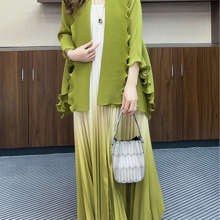 Elegant Ombre Gradient Two Piece Pleated Dress Jacket Set