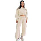 European And American Autumn New Round Neck High Waist Sweater Pocket Loose Sweatpants Suit