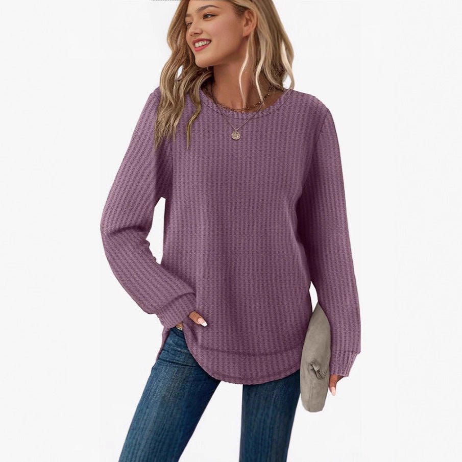 Waffle Loose Round Neck High And Low Curved Hem Top