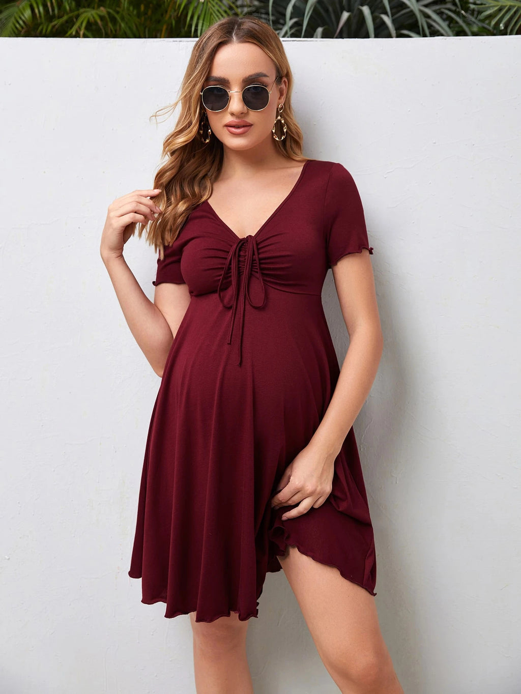 V-neck Short-sleeved Dress With Drawstring At Chest