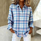 Women's Long-sleeved Lapel Plaid Button Shirt Top