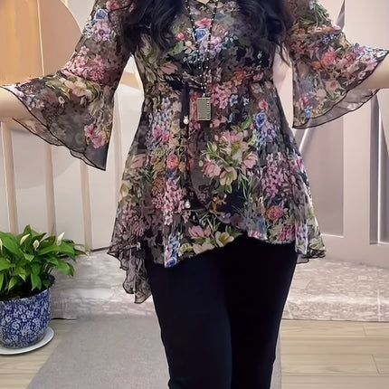 Floral Chiffon Top With Drawstring Waist Loose Fit