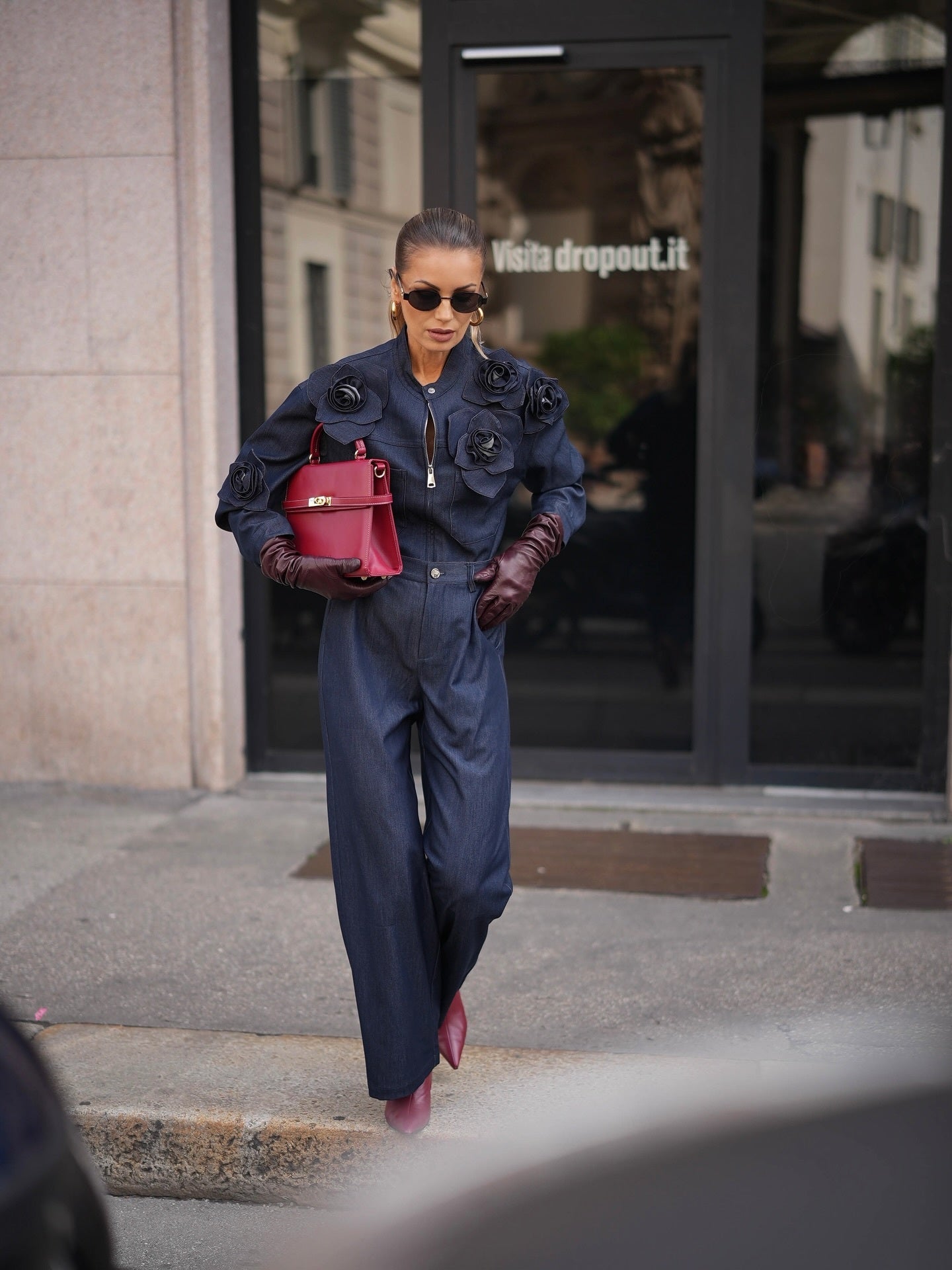 3D Floral Embellishments Shirt & High-Waisted Jeans Denim Set