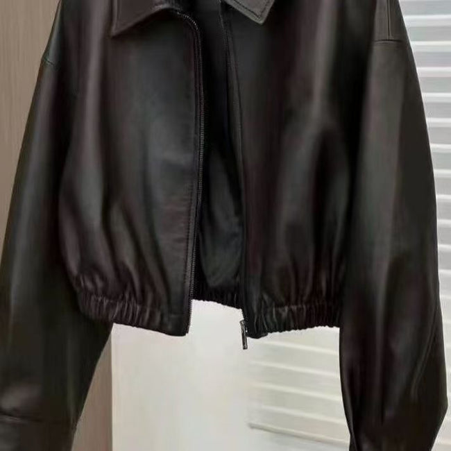 Black Soft Leather Spring And Autumn Coat Woman Square-neck Zip Leather Jacket Main Image