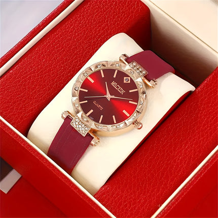 Womens Casual Red Wristwatch With Faux Leather Strap Quartz