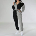 Women's Color Block 2 Piece Set, Full Zip Up Cropped Hoodie Jacket & Drawstring Cargo Pants, Casual Streetwear Outfit