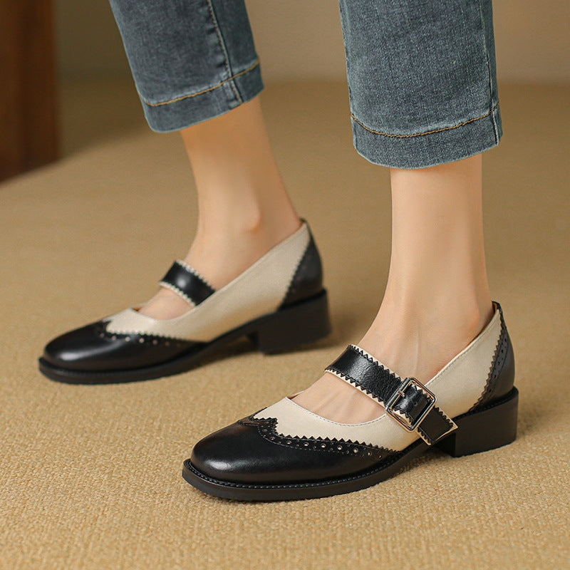 Square Head Female Color-blocking Leather Shoes Middle Documentary