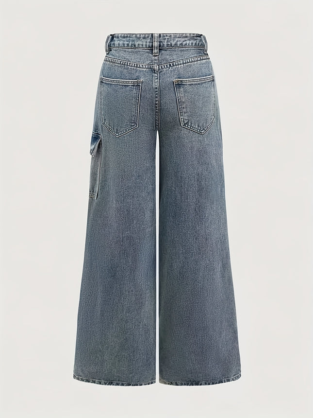 Womens Vintage Wide Leg Jeans Pants Button Closure