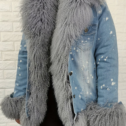 Winter Plush Lined Splash Print Denim Jacket Coat Women