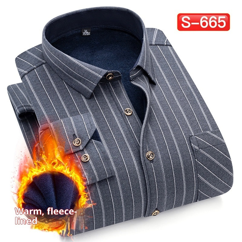 Autumn And Winter Warm Shirt Men's Long Sleeve Middle-aged Fleece Lined Padded Shirt