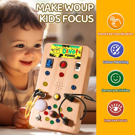 Wooden Busy Board With Dinosaur Music Switches Carousel