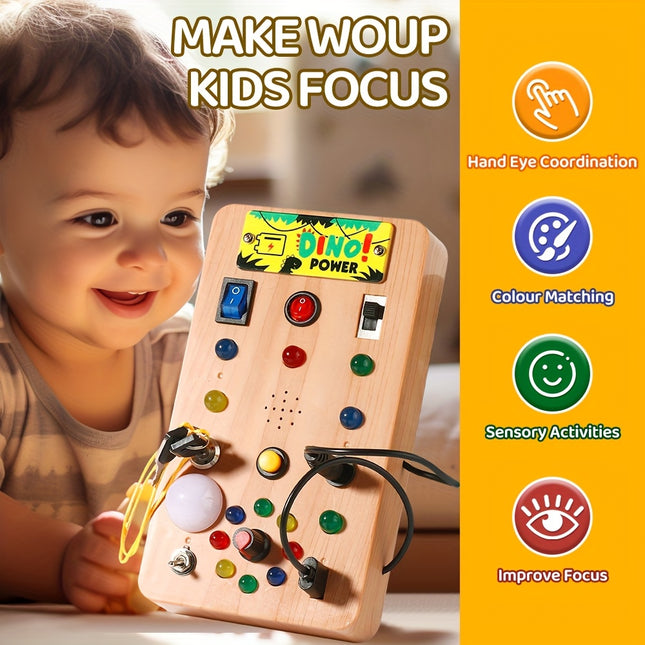 Wooden Busy Board With Dinosaur Music Switches Carousel
