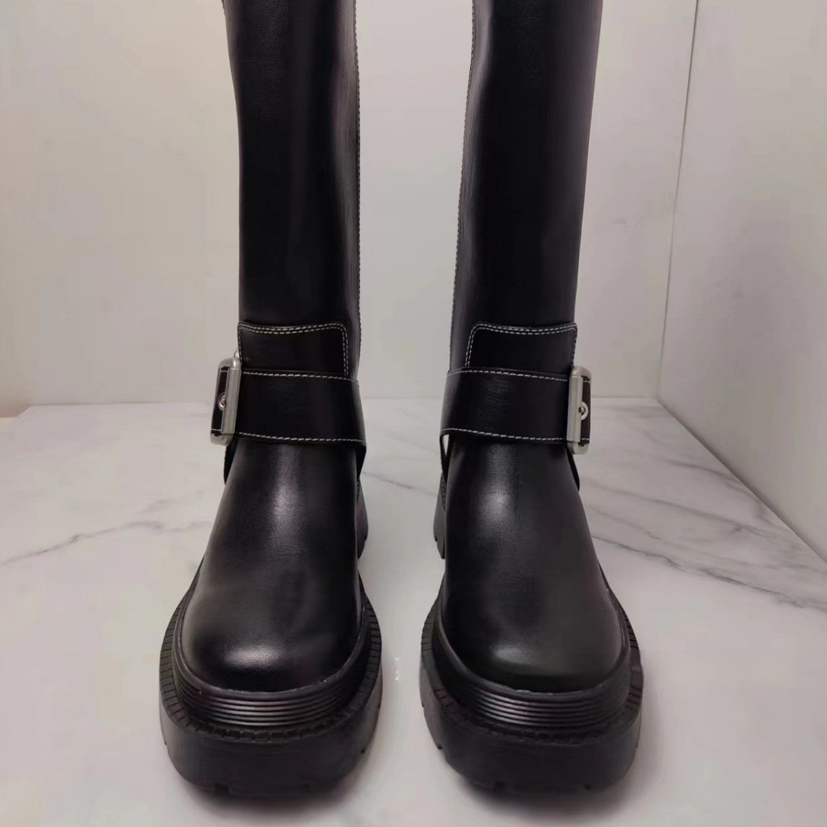 Women's Brown Retro Height Increasing Buckle Decoration High Knight Platform Boots