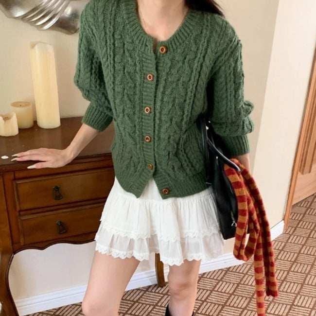 Korean Style Idle Style Thick Needle Twisted Texture Knitted Cardigan Sweater Hover Image