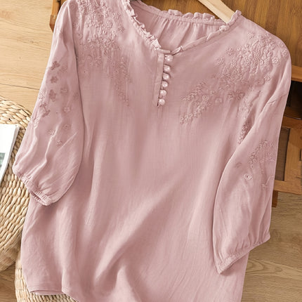 Womens Embroidered Loose Fit Retro Mid Sleeve Blouse Top