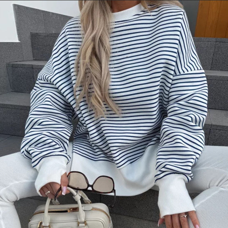 Women's Striped Sweatshirt Size Slit Long Sleeve Shirts For Women Crewneck Hoodies Casual Pullover Top