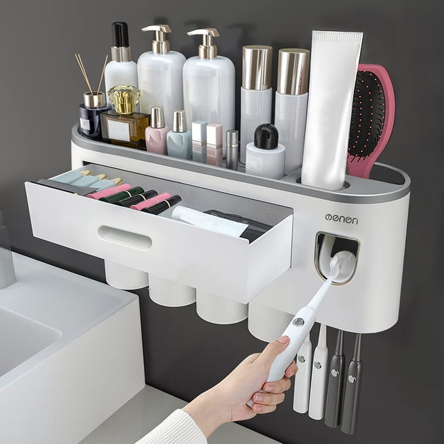 Wall Mounted Toothbrush Holder With 4 Cups And Dispenser