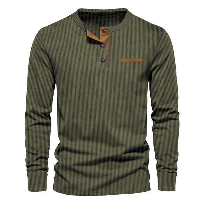 Men's Independent Stand Corduroy Casual Henley Slim Solid Color Long Sleeve T-shirt Main Image