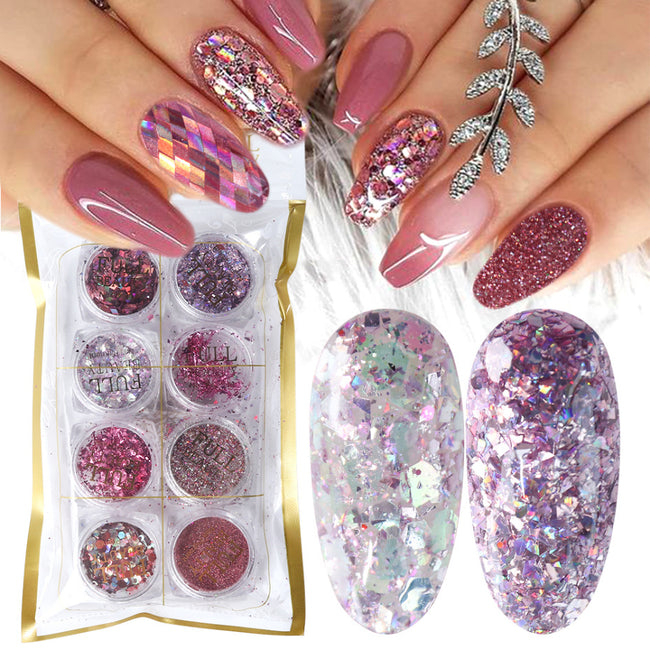 8 Box Mix Glitter Nail Art Powder Flakes Set Hover Image