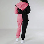 Women's Color Block 2 Piece Set, Full Zip Up Cropped Hoodie Jacket & Drawstring Cargo Pants, Casual Streetwear Outfit