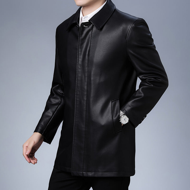 Lapel Leather Coat Men's Fleece Padded Leather Jacket