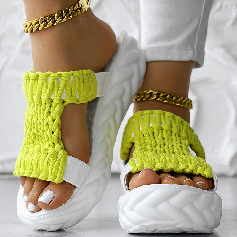 Platform Sandals Summer Braided Knit Hollow Open Toe Slipper Sandals - Anklet Not Included