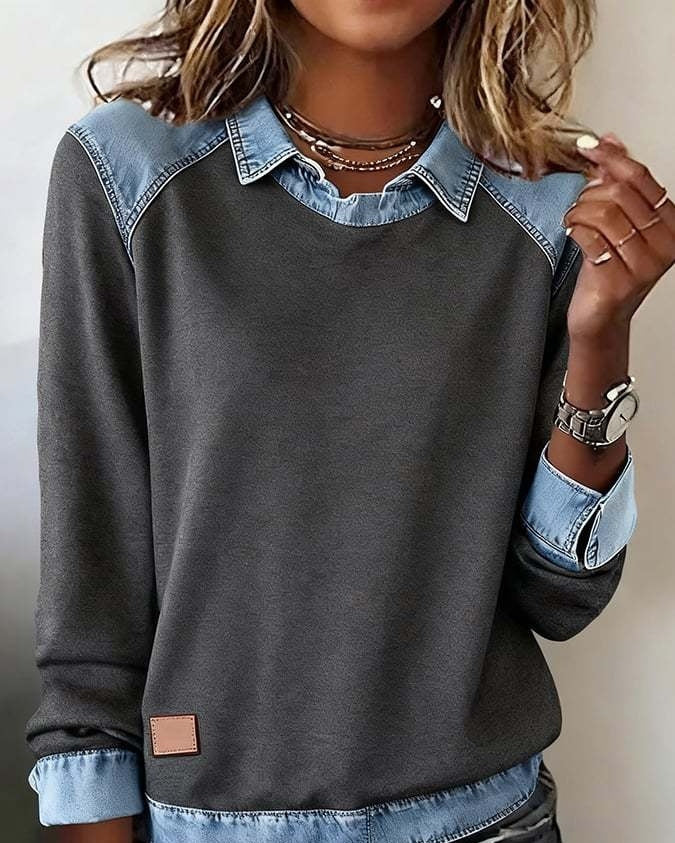 Denim Collar Long Sleeve Pullover Patchwork Knitwear Top