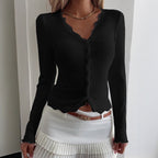 V-neck Lace Stitching Anti-stripe Cardigan Women's Top
