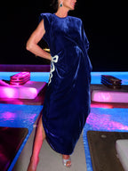 Navy Blue Velvet Gown With White Bow And High Slit Detail