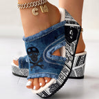 Newspaper Skull Original Hem Platform Wedge Slides - Anklet Not Included