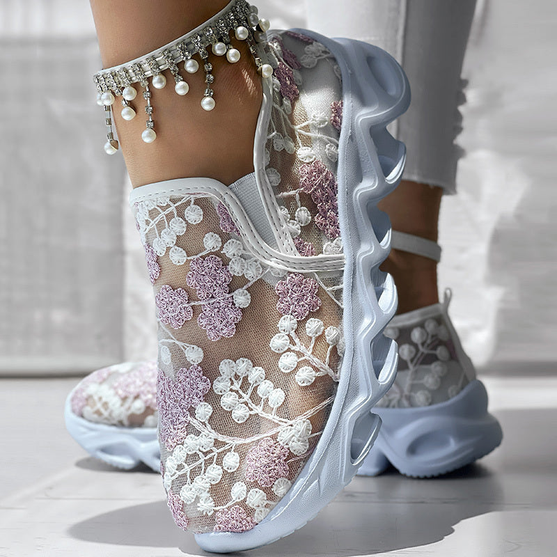 Contrast Glitter Transparent Mesh Patch Breathable Sneakers - Without Ankle Strap