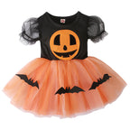 Short-sleeved Halloween Pumpkin Bat Printed Mesh Tulle Tutu Dress