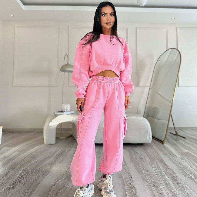 European And American Autumn New Round Neck High Waist Sweater Pocket Loose Sweatpants Suit Hover Image