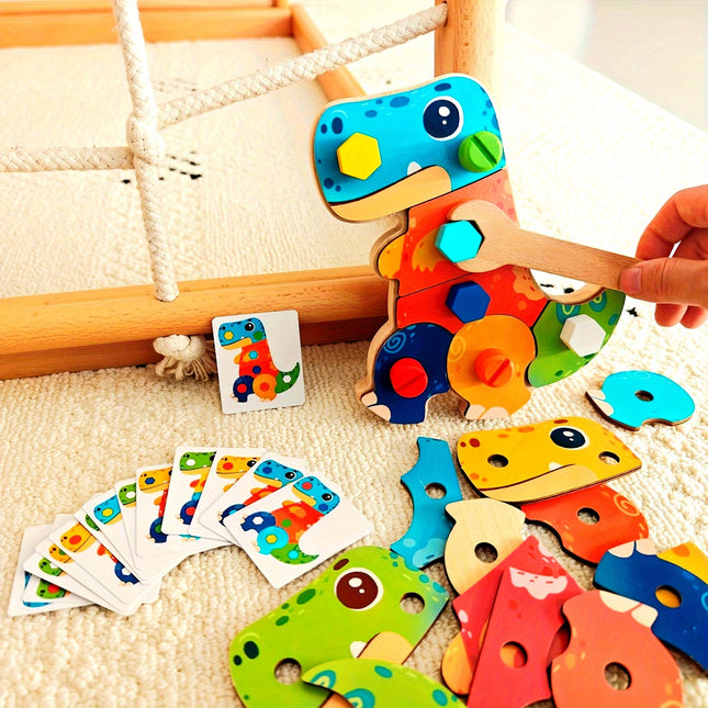 Wooden Dinosaur Screw Puzzle Toy Set Three Colorful Puzzles