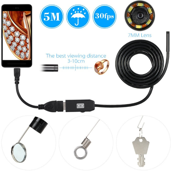 OWSOO 6 LED 7MM USB Endoscope Camera 5M Waterproof USB Wire Snake Tube Inspection Borescope For OTG Compatible Android Phones Main Image