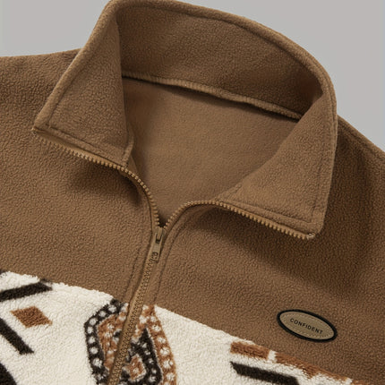 Mens Geometric Print Fleece Zip Up Jacket With Pockets