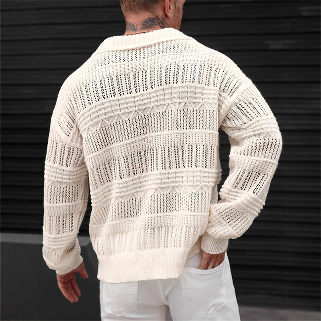 Men's Solid Color V-neck Street-like Lapel Hollow Knitwear Main Image