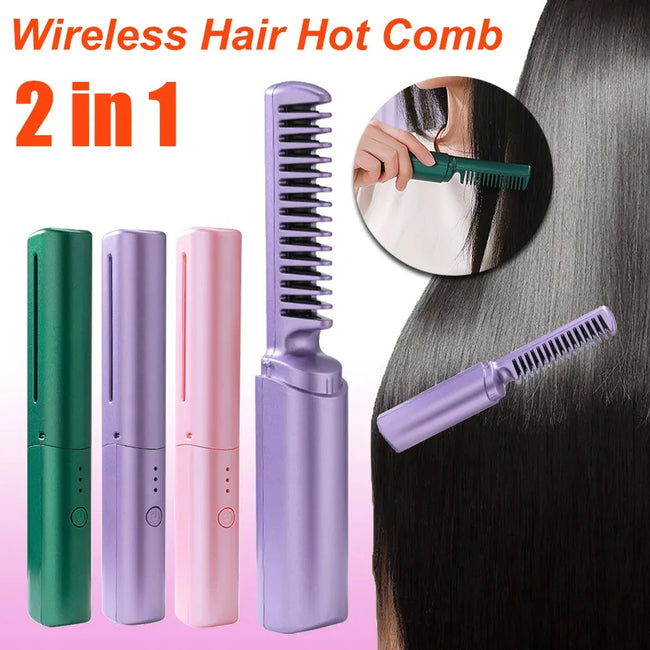 Professional Wireless Hair Straightener Curler Comb Fast Heating Negative Ion Straightening Curling Brush Hair Styling Tools Hover Image