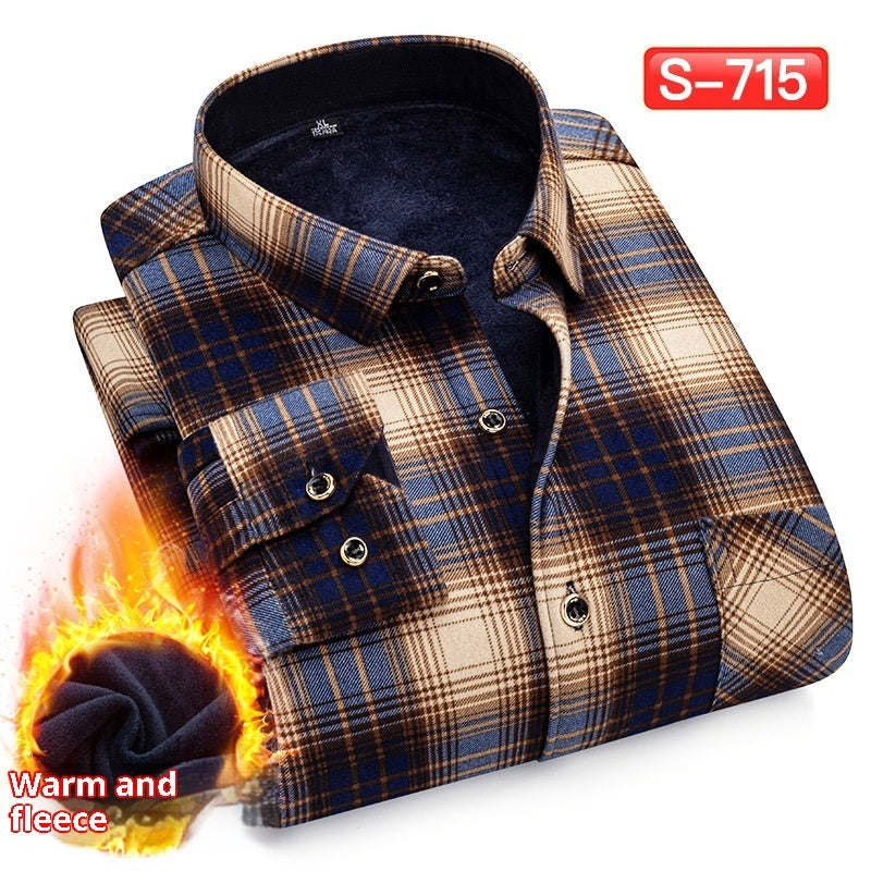 Autumn And Winter Warm Shirt Men's Long Sleeve Middle-aged Fleece Lined Padded Shirt