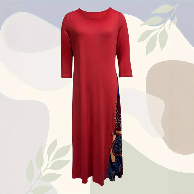 Floral Print Contrast Color Button 34 Sleeve Round Neck Dress Main Image