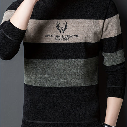 Mens Casual Striped Crew Neck Sweater Long Sleeve Pullover