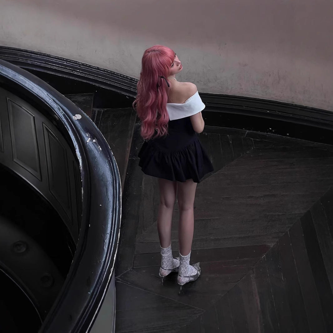 Off-shoulder Bow Lace-up Waist Trimming Short-sleeved Dress