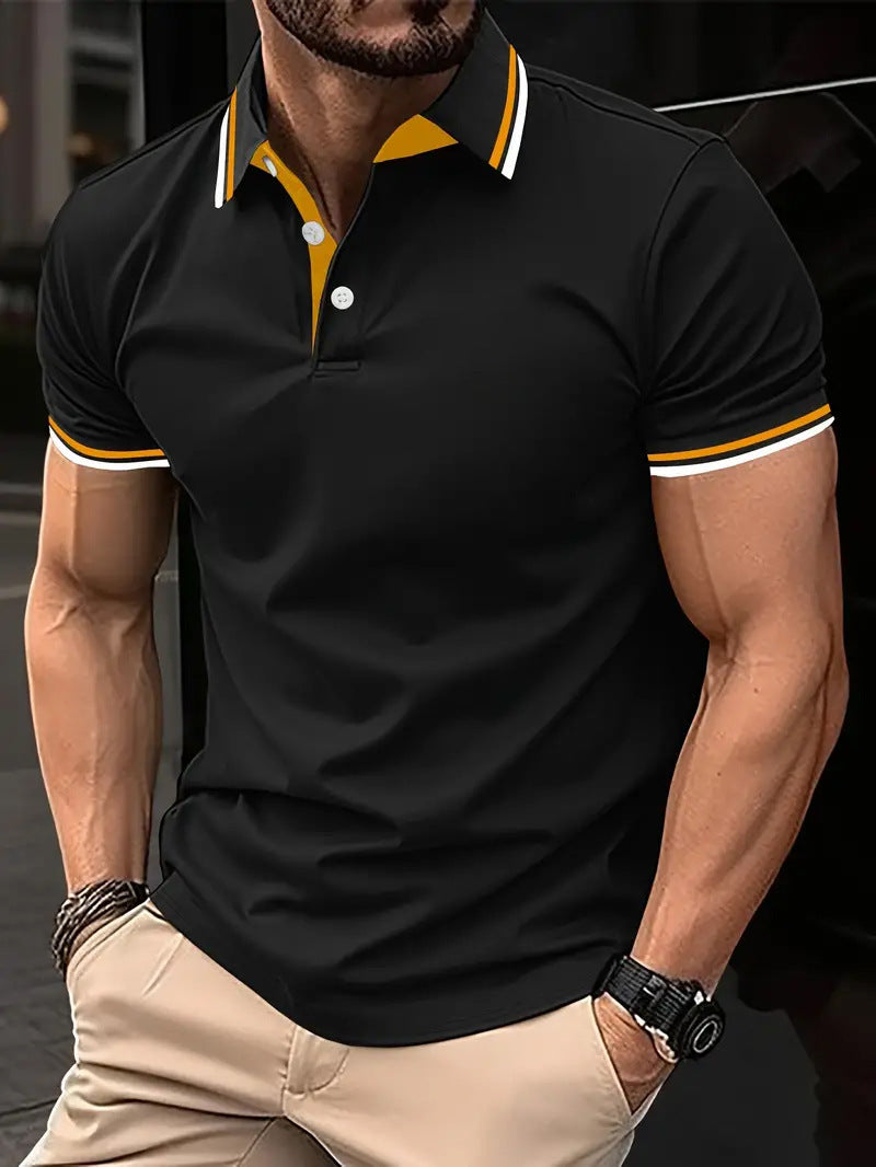 Men's Slim-fit Ribbed Striped Lapel Button Solid Color Stitching T-shirt Top