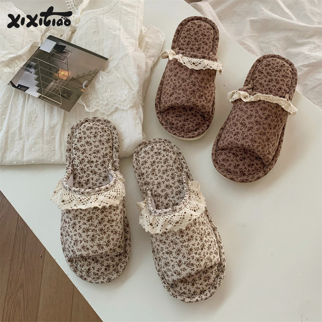 Home Style Vintage Floral One Word Four Seasons Universal Cotton Slippers Female Main Image