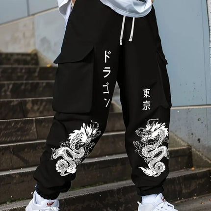 Mens Cargo Pants Dragon Pattern Print Tapered Style Casual