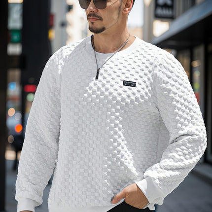 Mens Textured Grid Pattern Long Sleeve Crew Neck Polyester